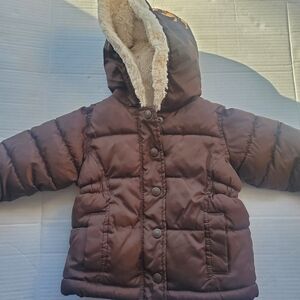 Old Navy Baby Girl Brown Puffer Coat Fleece Lined And Faux Fur  Hood 12-18 Mos